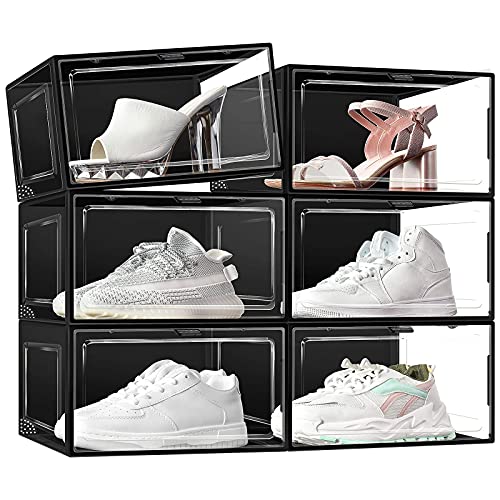 mupera X-Large Shoe Storage Box – Stackable Plastic Shoe Box with Clear Door(2023 New), For Display Sneakers, Front Opening Shoe Organizer, Hard Plastic Shoe Storage Bins(6 Pack Black)