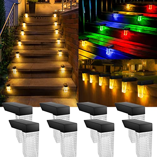 panmo Solar Deck Lights Outdoor, Solar Step Lights Waterproof Decoration for Porch Pool Fence Stair Patio Yard Garden Railings(Warm White/RGB 8 Pack)