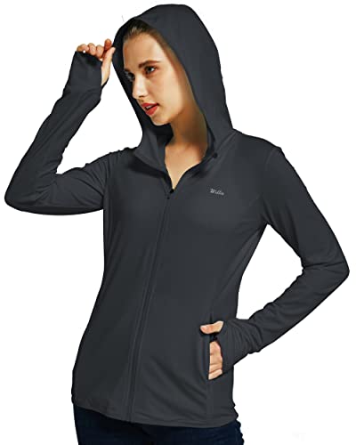 Willit Women’s UV Shirts UPF 50+ Long Sleeve Sun Protection Jacket Hooded SPF Shirts with Pockets Black M