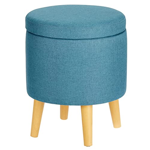 mDesign Round Storage Ottoman Foot Rest Chair – Small Stool Furniture Organizer and Seat with Wood Legs for Dorm, Living Room, Office, Closet, Vanity, Bedroom, or Desk – Teal Blue