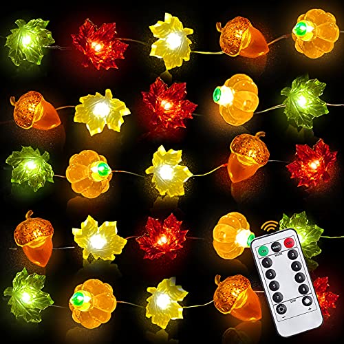 TURNMEON [8 Mode & Timer] 60LED 20Ft Fall Lights Thanksgiving Pumpkin Maple Lights with Remote Control Fall Decoration for Home Acorn Strings Lights Battery Operated Autumn Garland Decor Home Indoor