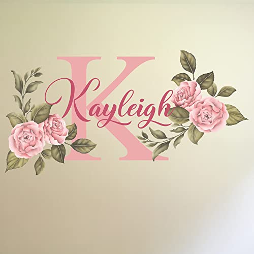Name and Initial Peonies Wall Decal – Kids Wall Decor – WM33. Custom Name Removable Nursery Wall Decal for Girl – Flower Mural Wall Decal for Girls Bedroom