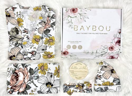 Baybou Robe and Swaddle Set Matching Mommy and Me Set Baby Girl Swaddle Blanket Gift 5-Piece Set Hospital Robe (Vintage Floral, L/XL)