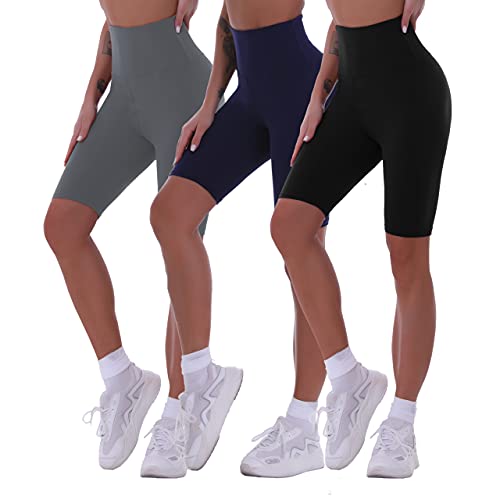 CASRUNCLO Biker Shorts for Women High Waisted 8″ Soft Opaque Spandex Workout Shorts for Athletic Running Yoga 3 Pack Black Gray Navy Blue