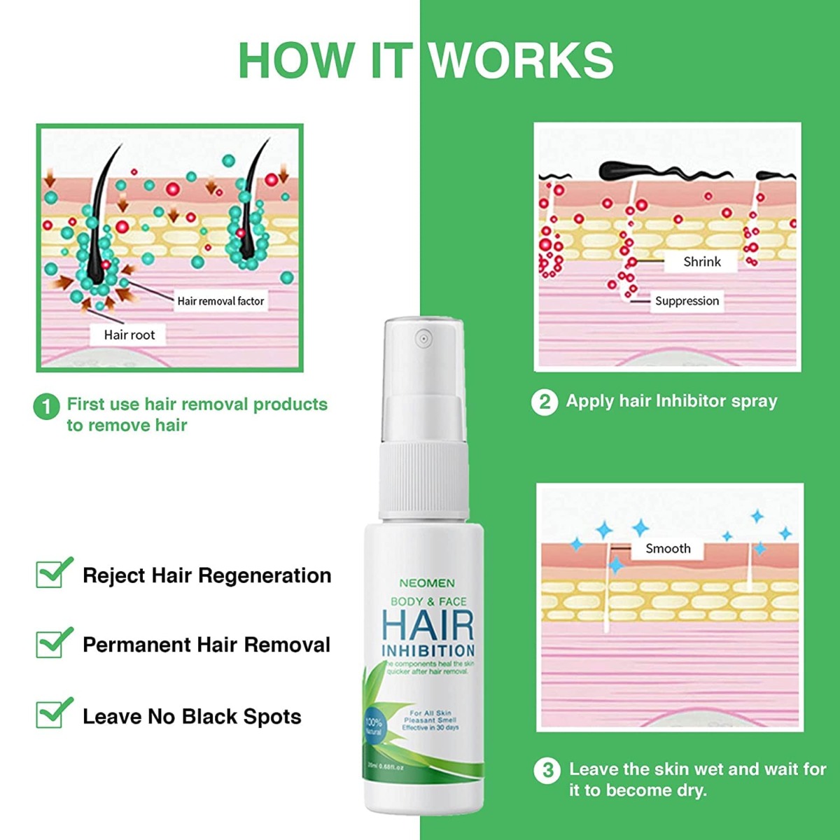 Neomen Hair Inhibitor – Premium Hair Removal Spray – Painless Hair Stop Growth Spray – Skin Friendly Painless Flawless Non-Irritating Hair Inhibitor for Face, Arm, Leg, Armpit, Make Your Skin Smooth | The Storepaperoomates Retail Market - Fast Affordable Shopping
