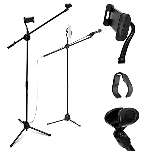 QAISE Mic Stand with 5ft Tablet and Phone Holder – Adjustable Gooseneck Microphone Stand – Mic Stand Boom Tablet Holder for Karaoke, Studio, Parties, Rehearsals