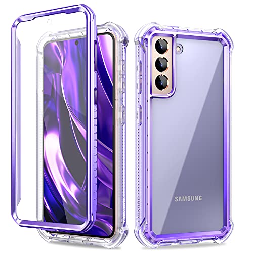 Dexnor Compatible with Samsung Galaxy S21 Case with Screen Protector Electroplated Frame Clear Back Cover Rugged 360 Full Body Protective Shockproof Heavy Duty Bumper for Women -Metallic Purple