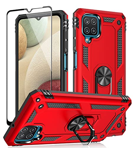 SunRemex Samsung A12 Case，Galaxy A12 Case with Tempered Glass Screen Protector，Kickstand [Military Grade] 16ft.Drop Tested Protective Cover for Samsung Galaxy A12 5G （2021）.(Red)