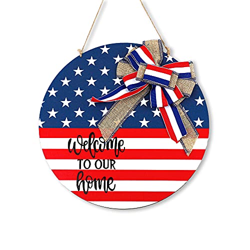 LessMo 4th of July Welcome Sign for Front Door Independence Day Decor Wreath, Round Wood Hanging Sign for Door Window Wall Home Farmhouse Indoor Outdoor Memorial Day Decorations
