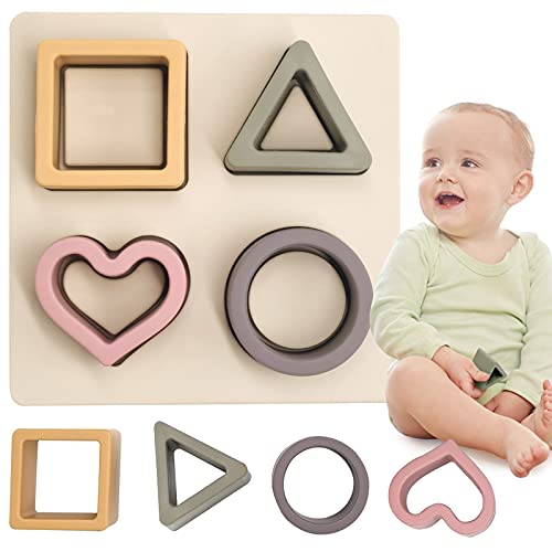 HETOMI Baby Soft Nesting Sorting Stacking Toys Silicone Teething Blocks Shapes Recognition Learning Development Toys for Toddler 3+ Months(Beige)
