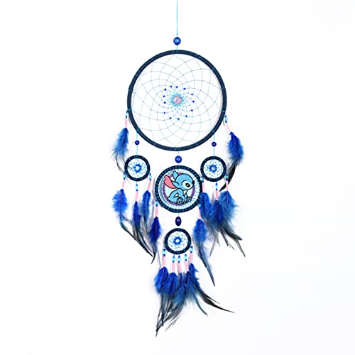 Blue Dream Catcher Embroidery Dog Feathers, Handmade Native American Dreamcatcher for Kids Bedroom Home Decor Bohemian Wall Hanging Ornaments Wedding Party Festival Gift Dia. 7.5inch