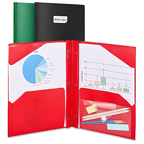 Sooez 3 Pack 2-Pocket Folder with Prongs, Plastic Folders with Pockets and Prongs Including Labels, Heavy Duty Letter Size Pocket Folders with Prongs, Colored Prong Folders for Schoolwork & Office