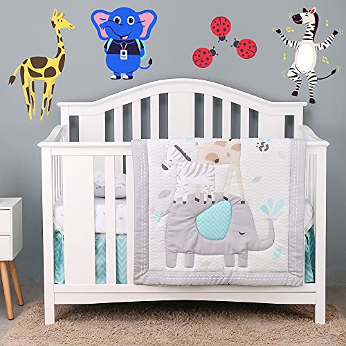 Baby Bees Animal Kingdom 4 Pieces Crib Bedding Sets for Boys and Girls | Baby Bedding Crib Set of Crib Fitted Sheet, Quilt, Dust Ruffle & Pillow Cover for Standard Size Crib