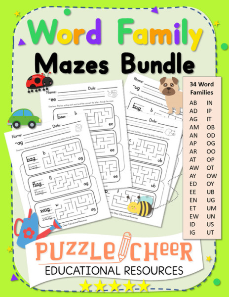 Word Family Mazes Bundle for Kindergarten and First Grade | 34 Word Family Groups
