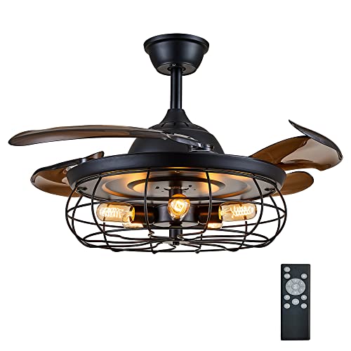 DuMaiWay 36″ Caged Ceiling Fan with Lights, Industrial Retro Ceiling Fans with Remote Controller Vintage Style for Farmhouse/Living Room/Bedroom/Restaurant 5 Lights 4 Fan Blades Black