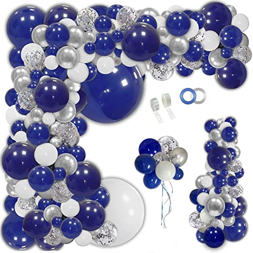 JULLIZ 145pcs Navy Blue Silver Balloons Garland Kit, Royal Blue Silver White Confetti Balloon Arch for 2023Graduation Party Wedding Birthday Shower Classroom Decoration