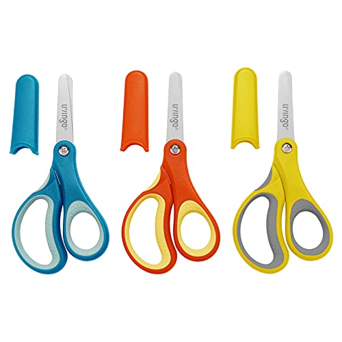 LIVINGO 3 Pack 5” Kids Scissors, Left/Right Handed Blunt Stainless Safety Toddler Preschool Child Scissors with Cover, School Classroom Craft Supplies for Teachers, Yellow/Blue/Gray