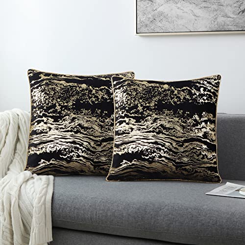Throw Pillow Covers Cases, Pack of 2, Soft Decorative Luxury Cotton Linen Blend Cushion Covers for Living Room/Couch/Bed/Sofa/Chair/Home Decor Decorations, 18 x 18 (Pure Black/Gold)