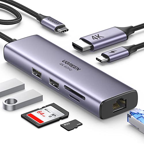 UGREEN USB C Hub with Ethernet, 7-in-1 Multiport Adapter with 4K@60Hz HDMI, 100W PD Charging, SD/TF Card Reader, 2 USB 3.0 Ports, MacBook Docking Station Compatible with Mac M1, M2, iPad, Steam Deck