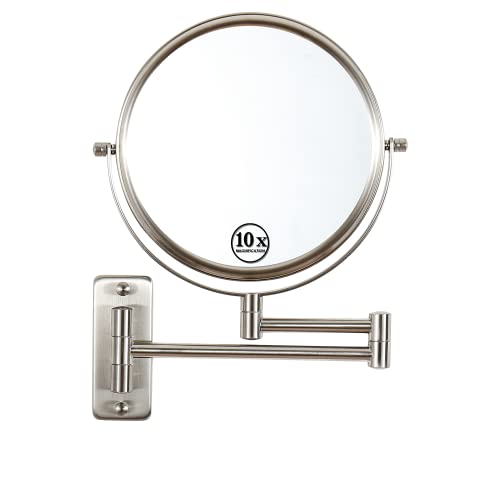 mumianshu Makeup Mirror Wall Mounted, 1x/ 10x Magnifying Makeup Mirror, 8″ Double Sided Make up Mirror with 360 Degree Swivel Extendable Arm, Home Bathroom Shaving Vanity Mirror (Nickel)