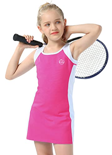 Willit Girls Tennis Golf Dress Outfit Kids Cotton Sleeveless Active Sports Dress with Shorts Rose Red XL