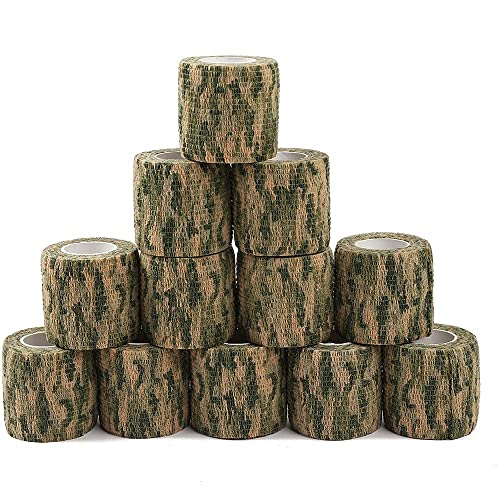 12 Pack Self Adhesive Bandage Wrap, Camouflage Cohesive Tape (Light Green Camouflage)