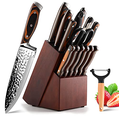 Knife Set, 16-Piece Kitchen Knife Set With Wooden Block | WOWHY High Carbon Japan Stainless Steel, Wooden Ergonomic Handle, Damascus Blade for Chef Knife Set, Knife Sharpener and Kitchen Shears