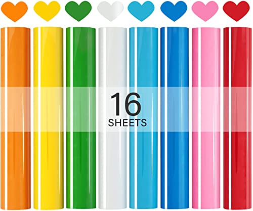 AFunCrafter HTV Heat Transfer Vinyl Bundle – 16 Sheets 12″ x 10″ Iron On Vinyl for Cricut for T Shirts, Assorted White Red Pink Yellow Orange Green Blue, Christmas Accessories