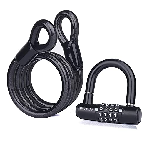 Bicycle Lock Cable,Bicycle Chain Lock,Safety Chain Lock kit,Heavy Duty Motorcycle Lock,bicycle lock,4-digit padlock,bicycle U-shaped lock with cable,12mm shackle and 10mm x 1.8m cable,steel chain lock