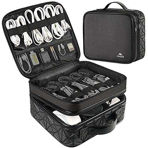 Cable Organizer Bag, Waterproof Travel Electronic Storage with Adjustable Divider, Shockproof Portable Double Layer Tech Bags Carrying Case for Cord, Earbuds, Charger, SD Card, Tech Gifts, Black
