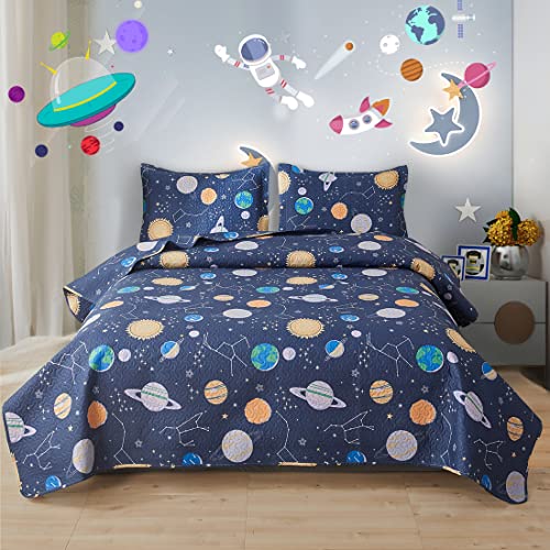 Space Bedding Quilt Twin Size Galaxy Bedspread Summer Astronomical Constellation Planet Bed Cover Kids Bed Covelet Lightweight Universe Blanket