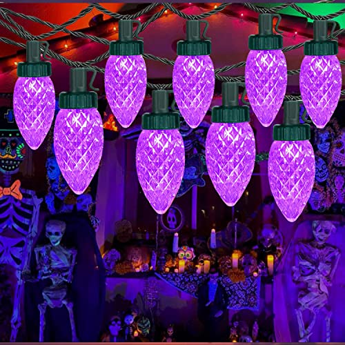 OZS- Extendable C9 Halloween Lights Outdoor, 50 LED 49ft Green Wire Outdoor String Lights with UL Adaptor, String Lights for Tree Patio Party Halloween Decoration ( Purple)