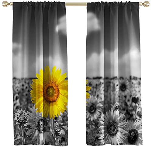 AAtter Sunflower Window Curtains Panels Grey Yellow Flower , Rod Pocket Floral Field Plants Rustic ,Living Room Bedroom Window Drapes Treatment Fabric 1 Pair, 42″ W x 63″ L, Nature Scene
