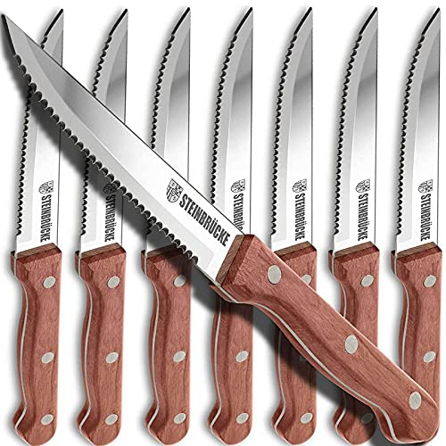Elemake Steak Knife Set – Steak Knife with Wooden Handle, Knives Set for Kitchen, Serrated Steak Knives Set of 8, Classic Full Tang Design, 5Cr15Mov Stainless Steel Blade