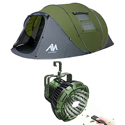 BD002- AYAMAYA Pop up Tent for 4-6 Person Family Camping Green+Rechargeable Camping Fan with Led Light & Remote Control