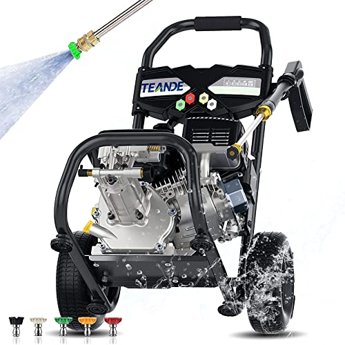 TEANDE 3200PSI Gas Pressure Washer – 2.6GPM Commercial Power Washer Gas Powered, 212cc 7.0 HP Engine, 0.7L Soap Tank, 5 QC Nozzles, 20’ Hose – Professional Grade Cleaning Power (Black)