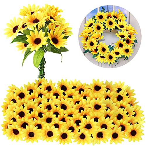 Luinabio 50 Pieces Mini Artificial Sunflower Heads with Iron Wire for Home Party Decoration Wedding Decor, Bride Holding Flowers Centerpieces Wreath Garden Craft DIY Art Decor Crafts (1.77 Inch)