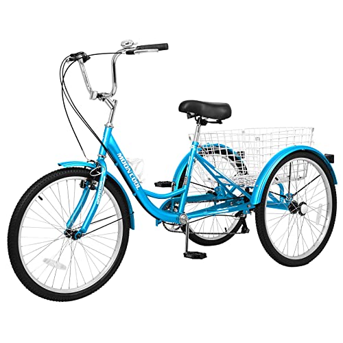 ABORON VANELL Adults Tricycle Cruiser Trike 3 Wheels Bike with Large Basket for Shopping Picnic Outdoor Sports Men Women (Azure Blue, 24in Wheels)