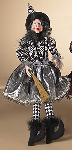 One Holiday Way Sitting Witch 21-Inch Doll Figurine in Metallic Silver Dress with Broom – Desk, Mantel, Bookshelf Decoration for Bedroom or Kitchen – Halloween Shelf Sitter Home Decor