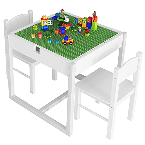 4NM 2 in 1 Kids Activity Table and 2 Chairs Set with Hidden Storage Compartment, Wood Play Building Block Table for Toddlers Children (White)