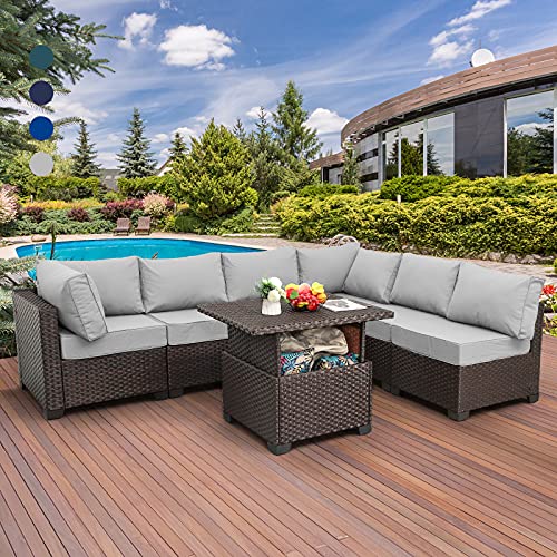 7 Pieces Outdoor Wicker Furniture Conversation Set Patio Furniture Sectional Sofa Couch Adjustable Storage Table with Thicken(5″) Grey Non-Slip Cushions Furniture Cover Brown PE Rattan