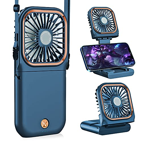 Allxin Portable Handheld Personal Necklace Fan Foldable Mini Quiet USB Rechargeable Fan With Mobile phone bracket function, 3000mAh Power Bank Hands Free Necklace Fans (Upgrade Blue)