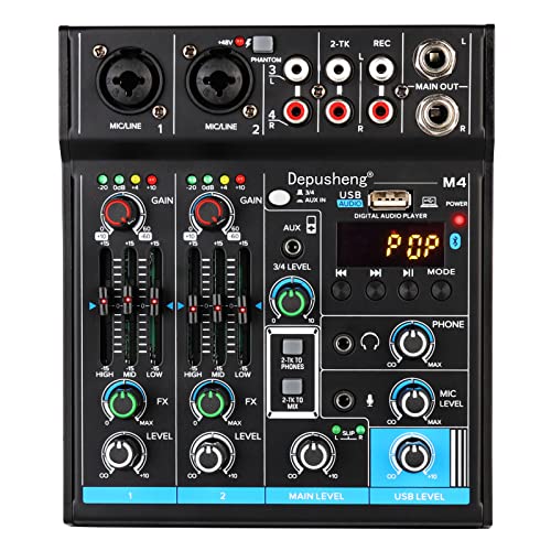Depusheng M4 Portable Mini Mixer 4-Channel Audio Mixer DJ Console with Sound Card, Bluetooth Function, USB, 48V Phantom Power for PC Recording Webcast Party