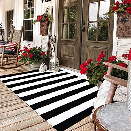 Black and White Striped Rug Outdoor Reversible Mat 35.4” x 59” Front Door Mat Hand-Woven Cotton Indoor/Outdoor for Layered Door Mats,Welcome Door Mat, Front Porch,Farmhouse,Kitchen,Entry Way