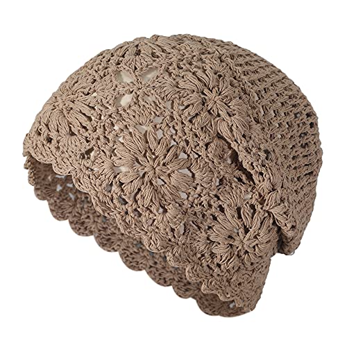 ZLYC Women Cotton Crochet Slouchy Beanie Hat Handmade Knit Cutout Summer Floral Skull Cap (Solid Khaki)