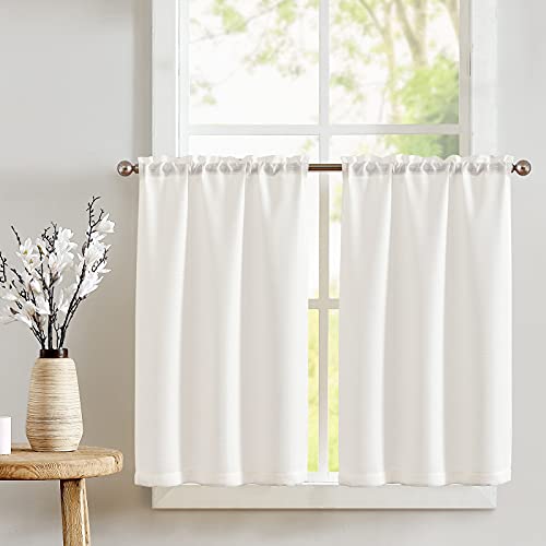 jinchan White Kitchen Curtains 24 Inch Tier Curtains for Living Room Linen Textured Cafe Curtains for Bathroom Farmhouse Country Light Filtering Short Window Curtain Set Rod Pocket 2 Panels