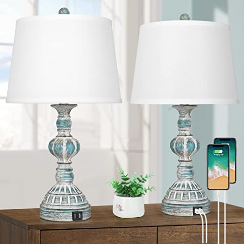 Farmhouse 3-Way Dimmable Touch Table Lamps with 2 USB Ports, Set of 2 Coastal Bedroom Bedside Reading Lamps, Modern Rustic Nightstand Desk Lamps for Living Room in Washed Blue, LED Bulbs Included