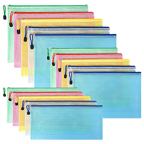 Toplive Plastic Mesh Zipper Pouch, 15 Packs (A4/A5/A6 Size,5 Colors) Waterproof Mesh Bag Document Bag File Folder for School Office Supplies