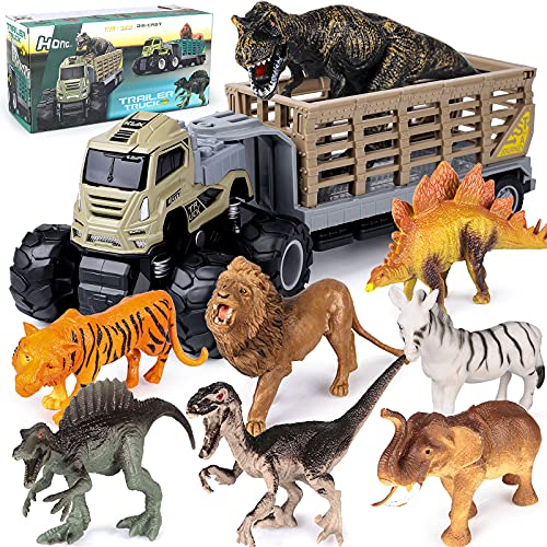 Dinosaur Truck Carrier Playset Toys Dinosaur Toys for Kids 3-5 5-7 Friction Powered Dinosaur Transport Car with 4 Dinosaurs and 4 Wildlife Animals Figures