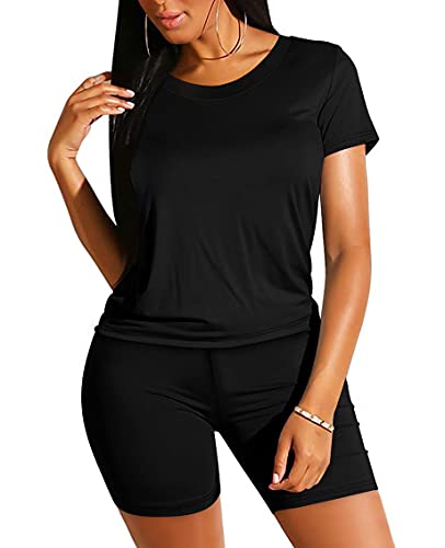 2 Piece Outfits For Women Summer Casual Short Sleeve Yoga Set Black XL
